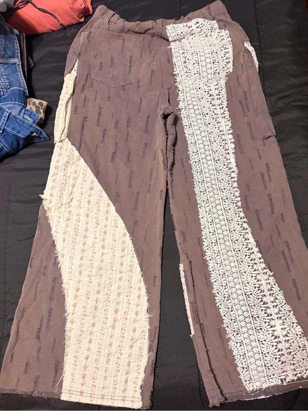 POL Taupe Wide-Leg Pants with Cream Crochet Paneling